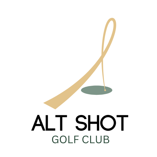 Logo for Alt Shot Golf Club. Shot tracer of a ball that has landed on the green is curved to be shaped like a capital A